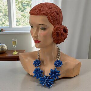 Chunky Silver Chain Necklace With Blue Floral Beads & Adjustable Clasp